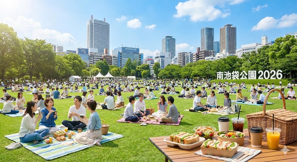 2026年の南池袋公園の全景。青々とした芝生広場に多くの人々がレジャーシートを広げてピクニックを楽しんでいる。背景には池袋の高層ビル群と青空。手前にはおしゃれなテイクアウトフードとドリンクが置かれている。フォトリアリスティックで明るい雰囲気。