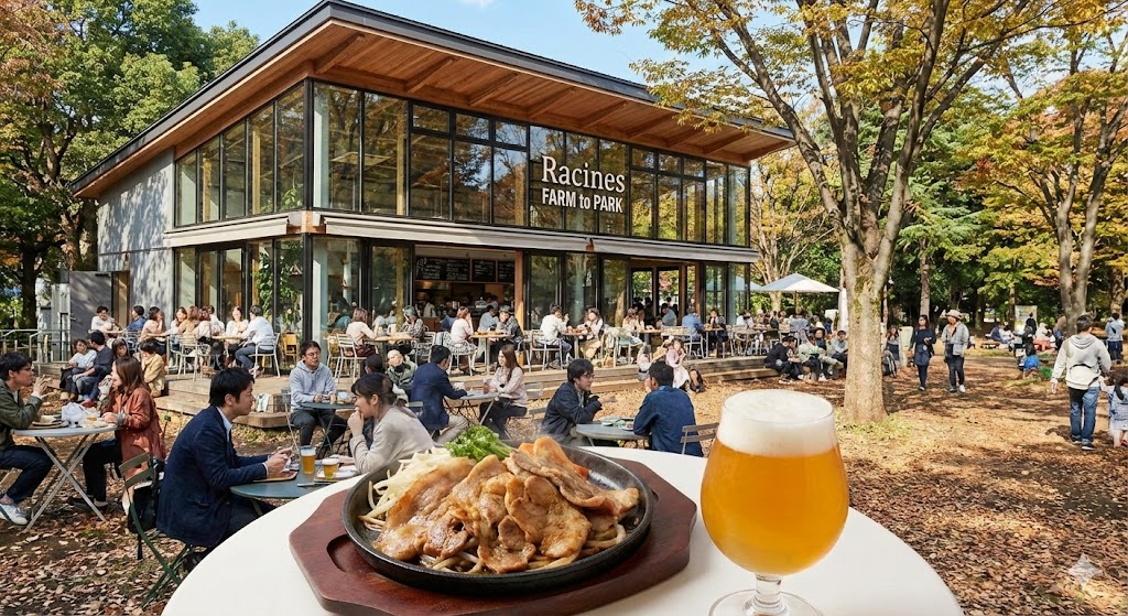 公園内にあるカフェ「Racines FARM to PARK」の賑わう様子。2階建てのガラス張りの建物。テラス席で食事をする人々。手前には名物のポークジンジャーとクラフトビール。