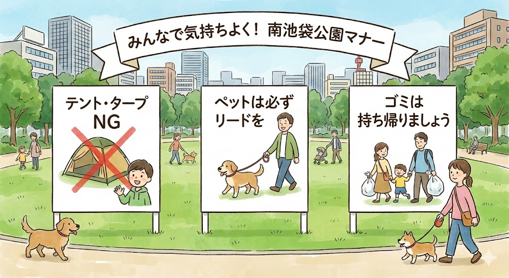 南池袋公園でのマナーを啓発するイラスト。テント禁止、ペットはリード着用、ゴミ持ち帰りなどがわかりやすく描かれている。背景は緑の公園。