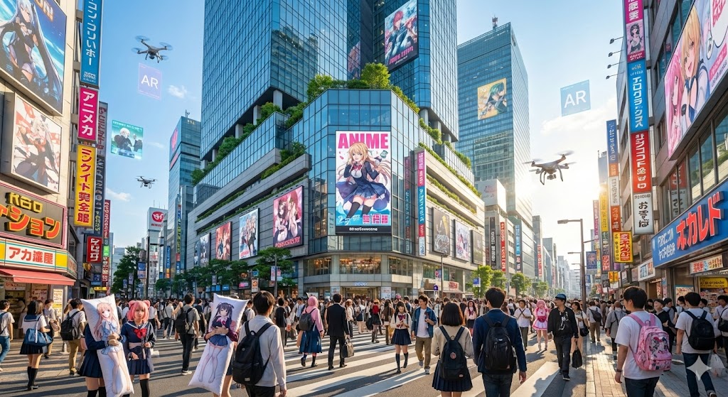 2026年の池袋乙女ロードの賑わい、晴れた日の午後にアニメグッズを持った多様な人々が歩くサンシャイン60通りの風景、近未来的なビルとサブカルチャーの看板が共存する様子、高画質、フォトリアル