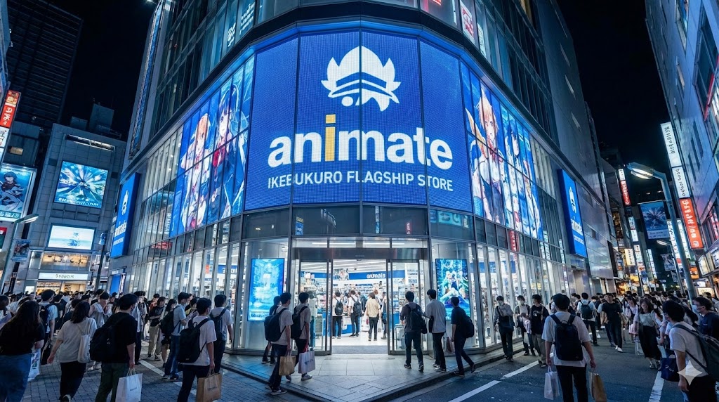 アニメイト池袋本店の外観、巨大な青い看板とガラス張りのモダンな建築、多くの買い物客で賑わうエントランス、2026年の最新の店舗デザイン、広角レンズ