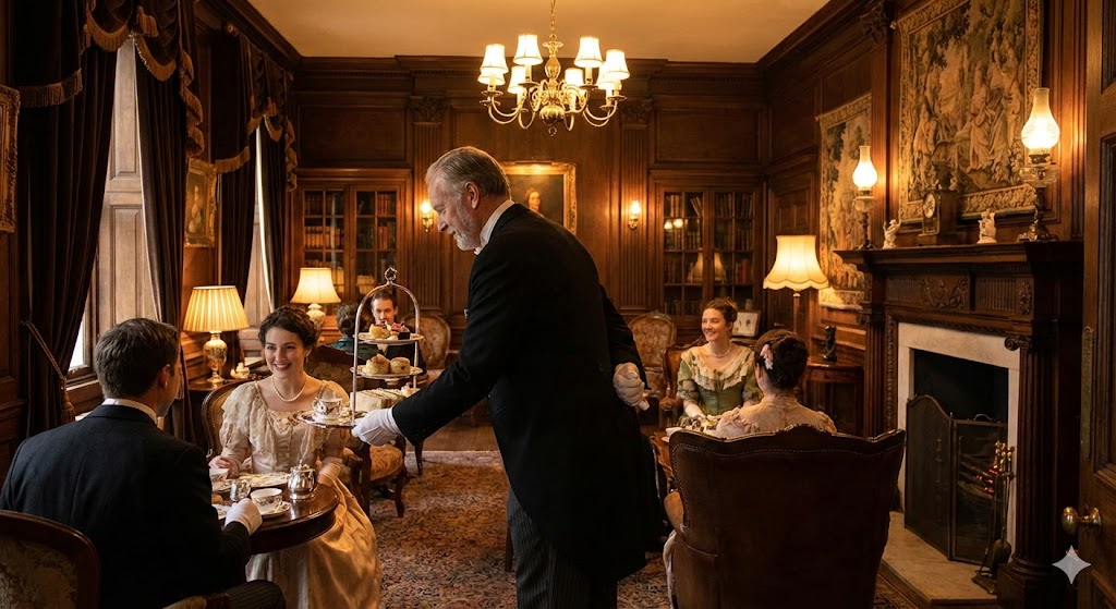 執事喫茶スワロウテイルのイメージ、ヴィクトリアン調の豪華な内装、燕尾服を着た執事がアフタヌーンティーを運んでいる様子、優雅で落ち着いた雰囲気、照明は暖色系