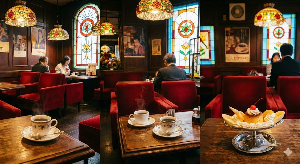 池袋のレトロな純喫茶の店内、赤いベルベットの椅子、ステンドグラスの照明、湯気の立つコーヒーとプリンアラモード、昭和の雰囲気、温かみのある光