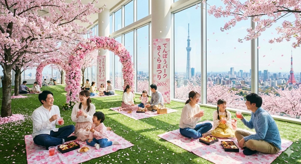 サンシャイン60展望台てんぼうパークの春のイベント、桜の装飾が施された室内の芝生エリア、ピクニックを楽しむ人々、窓の外には東京の絶景、明るく楽しい雰囲気