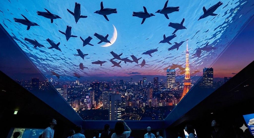 「天空のペンギン」水槽を下から見上げた構図。頭上を泳ぐケープペンギンのシルエットと、その背後に広がる夜の都会のビル群、輝く三日月が重なっている。水槽の水はクリアブルーで、都会の夜空とのコントラストが美しい。