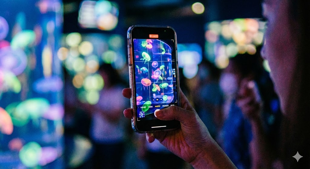 スマートフォンの画面越しに見る、ライトアップされたクラゲの水槽。画面の中のクラゲは鮮やかで、ピントが合っている。撮影者の手元と、背景のぼやけた水槽内の光が幻想的な雰囲気を醸し出している。