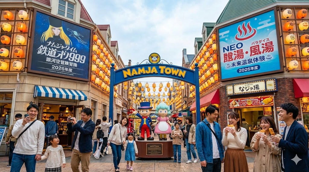 池袋サンシャインシティ内にあるナンジャタウンの賑やかなエントランス付近。西洋風のドッキンガム広場と昭和レトロな提灯が混在する不思議な空間。2026年の最新アトラクションや楽しげな家族連れ、カップルで賑わっている様子。高画質、広角レンズ。