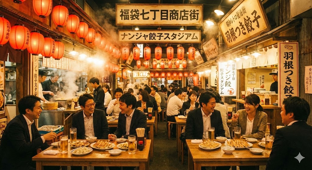 昭和レトロな「福袋七丁目商店街」の路地裏にあるナンジャ餃子スタジアム。赤提灯が並び、香ばしい湯気が立ち上る屋台のような店舗がひしめき合っている。テーブルには羽根つき餃子、水餃子、ビールが並んでいる。温かみのある照明。