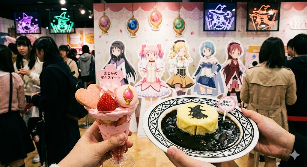『魔法少女まどか☆マギカ』のコラボイベント装飾が施されたナンジャタウン園内。キャラクターの等身大パネルや、ソウルジェムを模した装飾がある。限定フード（まどかのピンク色のデザートや魔女モチーフのカレーなど）を楽しむファンの手元。