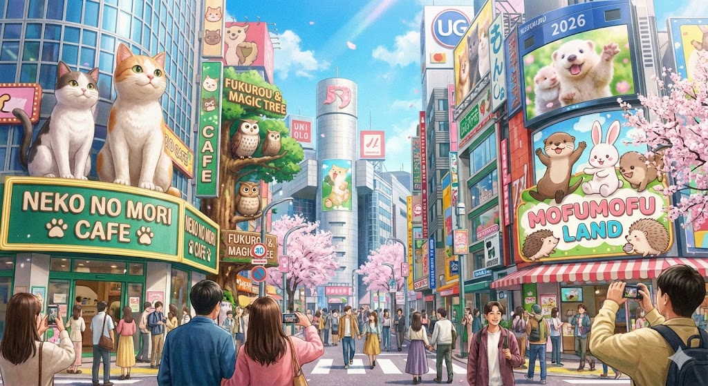 2026年の池袋の賑わう街並みと、動物カフェの可愛らしい看板が並んでいる様子。明るくポップな雰囲気。