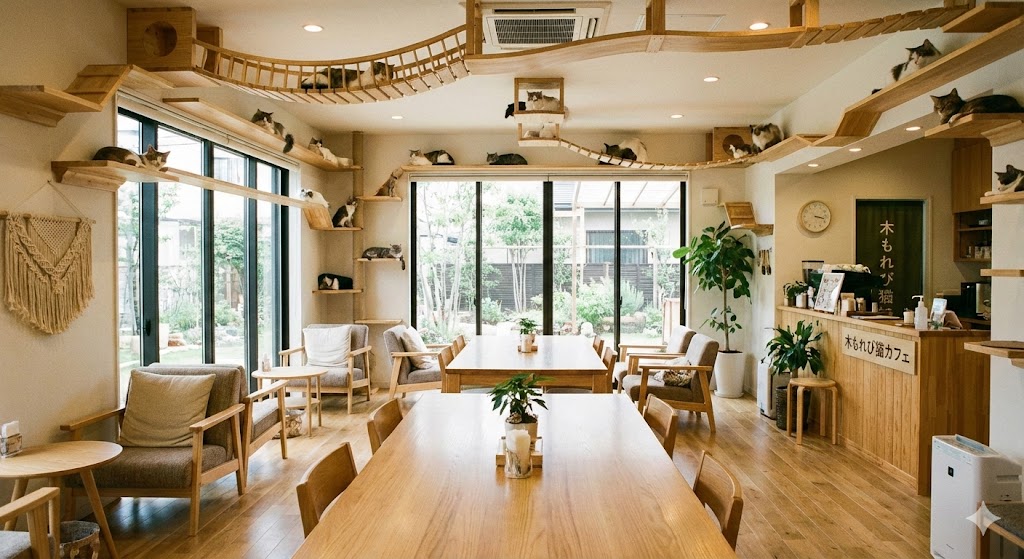 清潔で広々としたおしゃれな猫カフェの店内。木目調のインテリアと、キャットウォークでくつろぐ猫たち。
