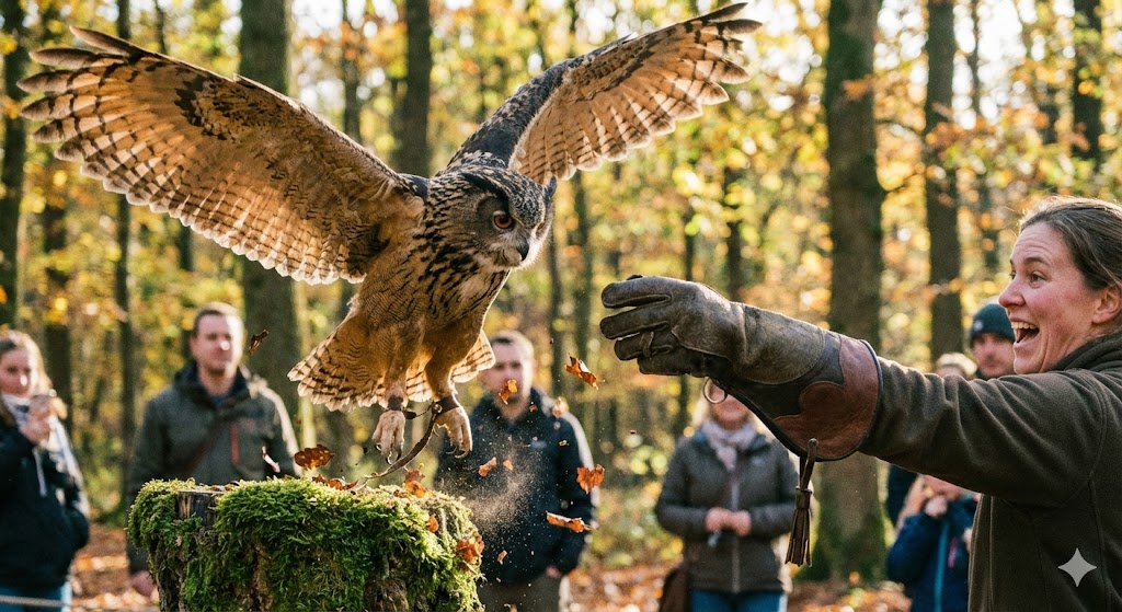 利用者の腕に止まり木から飛んでくるフクロウ。ダイナミックなフライト体験の様子。
