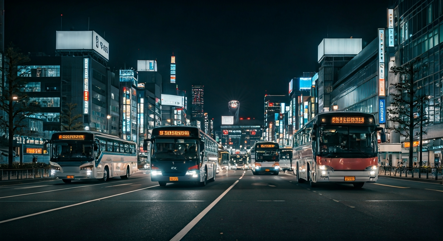 A cinematic wide shot of Ikebukuro West Exit at night in 2026, featuring modern highway buses lined up, neon signs of Tokyo, and a safe, bright atmosphere for travelers.