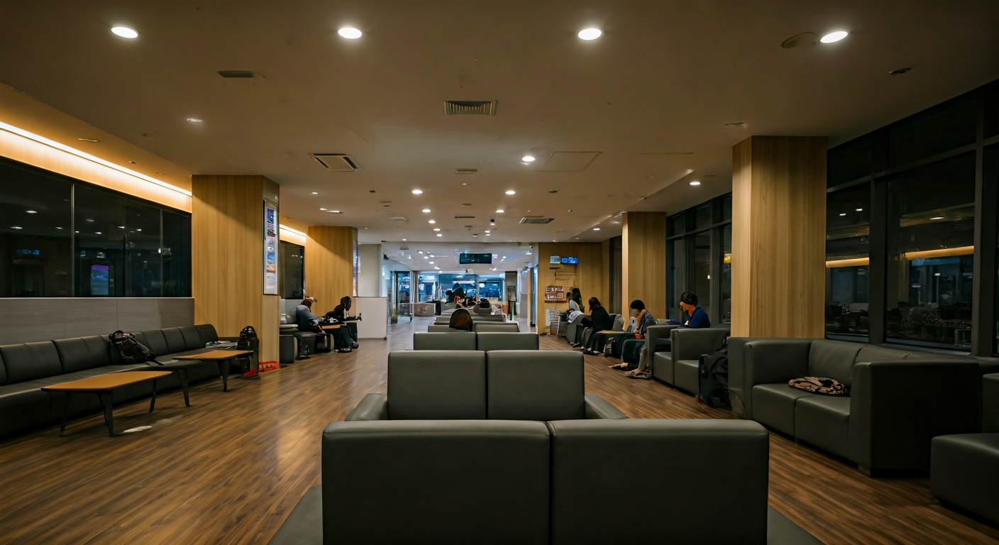 Interior view of a modern, cozy highway bus waiting lounge in Ikebukuro with warm lighting, people charging smartphones, and comfortable sofas.