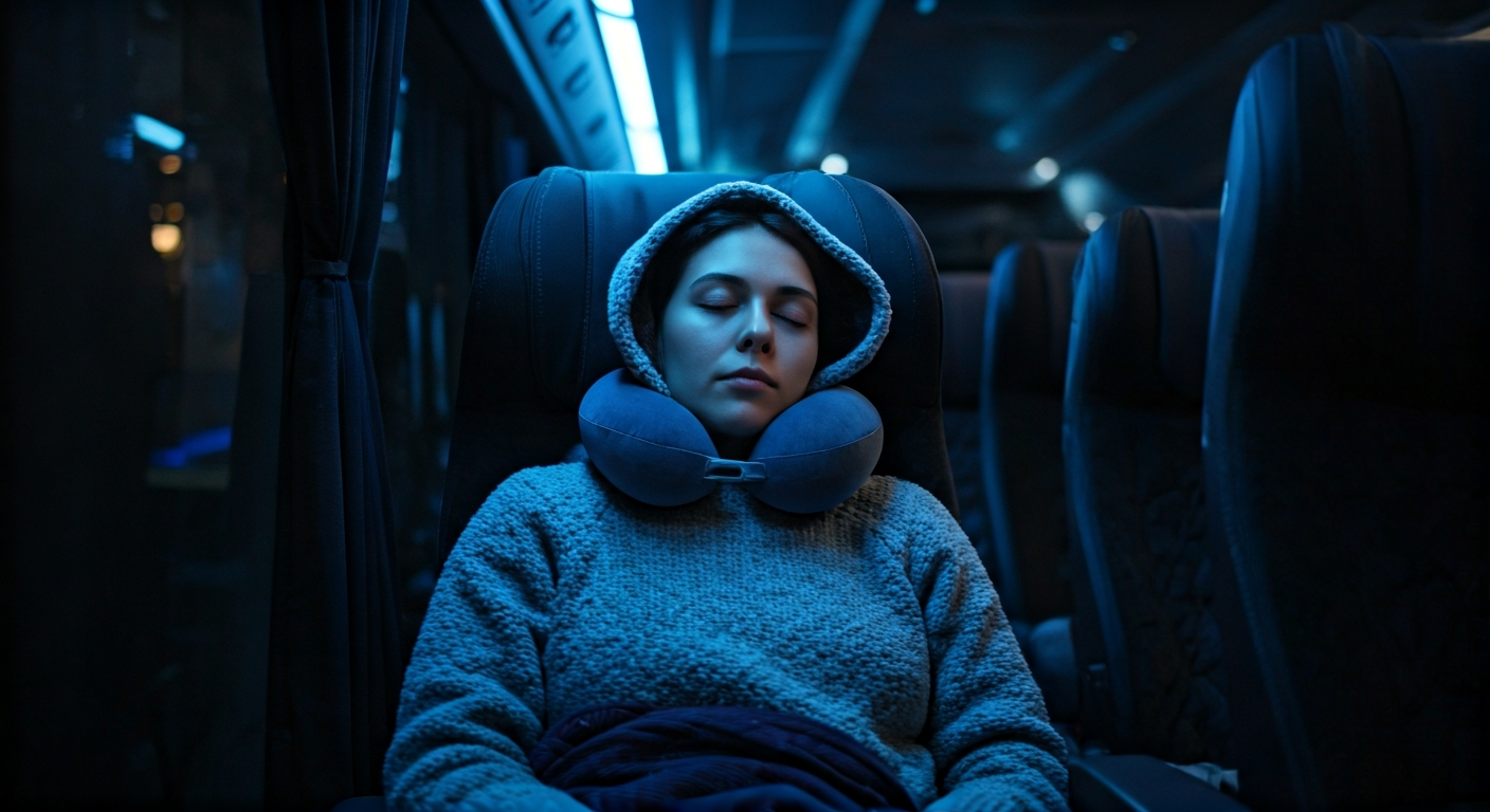 A person sleeping comfortably in a high-tech 3-row independent bus seat, wearing a hooded neck pillow and a cozy blanket, soft blue interior lighting.