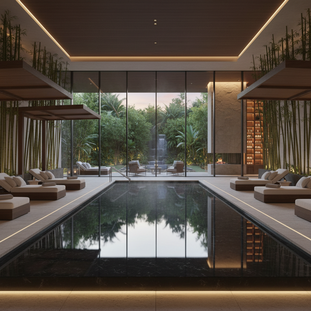 A high-end spa facility's open-air infinity pool at night, glowing with soft blue LED lights. The pool overlooks the glittering skyline of Ikebukuro with the Sunshine 60 building visible in the distance. There are comfortable lounge chairs and tropical plants around the deck.