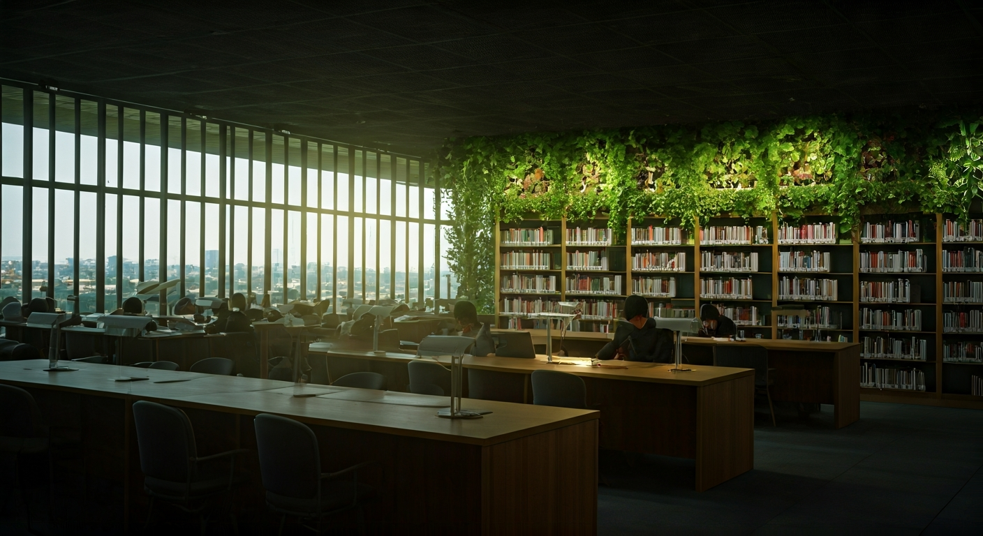 A highly modern and bright library interior in Ikebukuro with large glass windows, green plants integrated into bookshelves, people studying at ergonomic wooden desks with laptops, warm sunlight, 8k resolution, cinematic atmosphere.