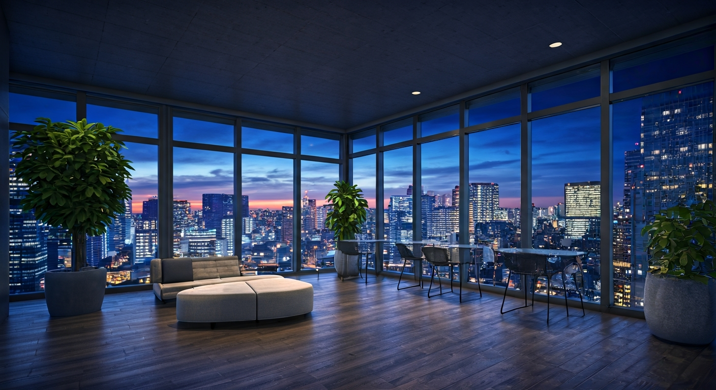A high-tech co-working space called SHARE LOUNGE in a modern skyscraper, featuring panoramic city views of Ikebukuro at dusk, sleek furniture, dedicated Zoom booths, a stylish cafeteria area with snacks and coffee, high-end design, realistic 3D architectural rendering.