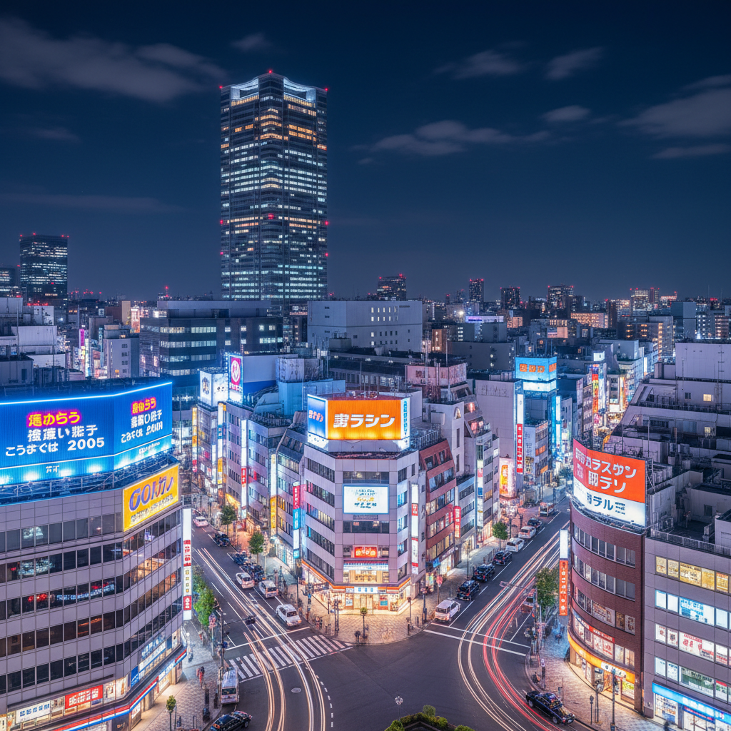池袋の夜景とネオンが輝く街並み、サンシャイン60が見える夜の風景