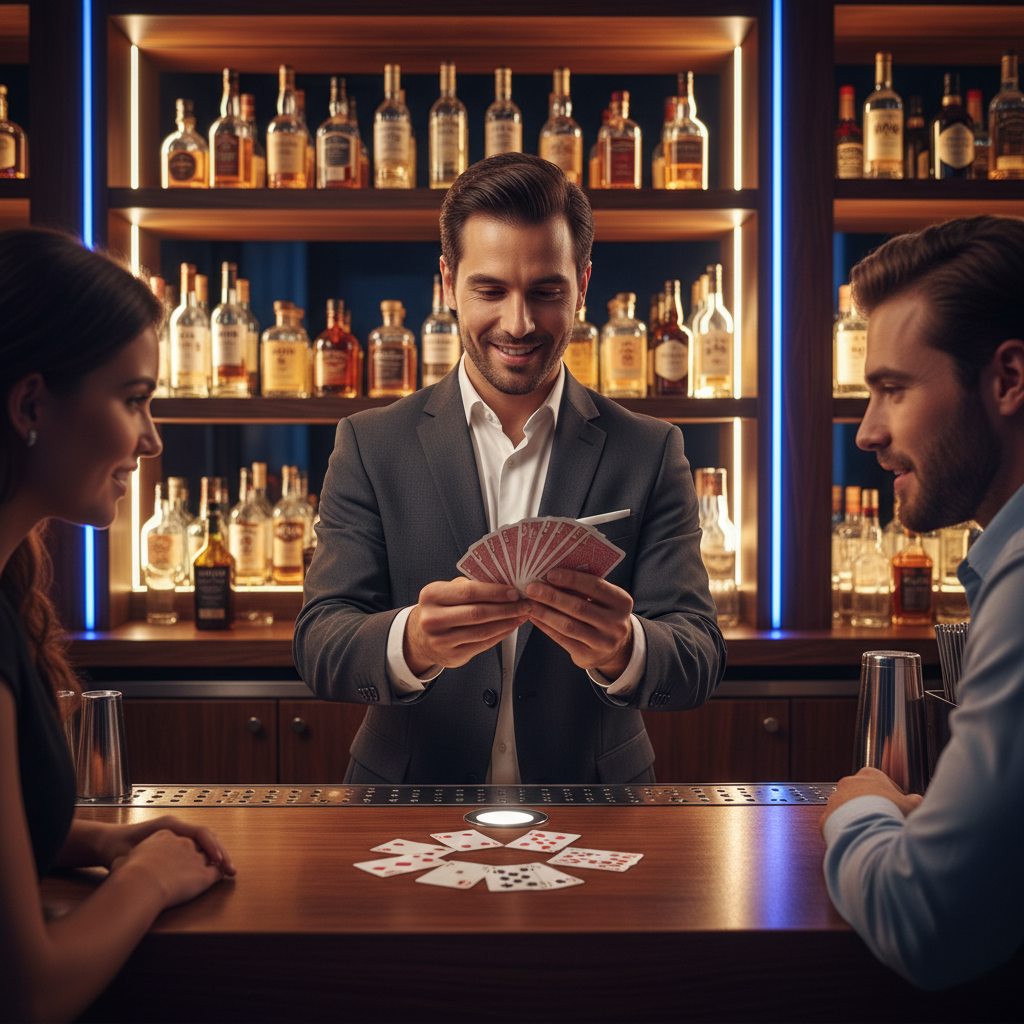 マジシャンがカウンターでカードマジックを披露している様子、暗いバーの雰囲気