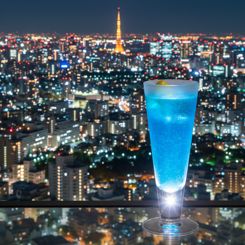 サンシャイン60展望台からの東京夜景、キラキラした街の光とカクテルグラス