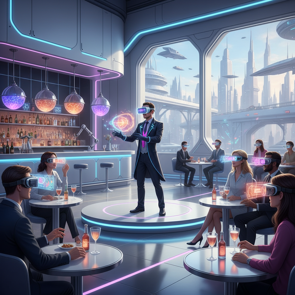 近未来的なバーでVRゴーグルを使ったマジックショーの様子