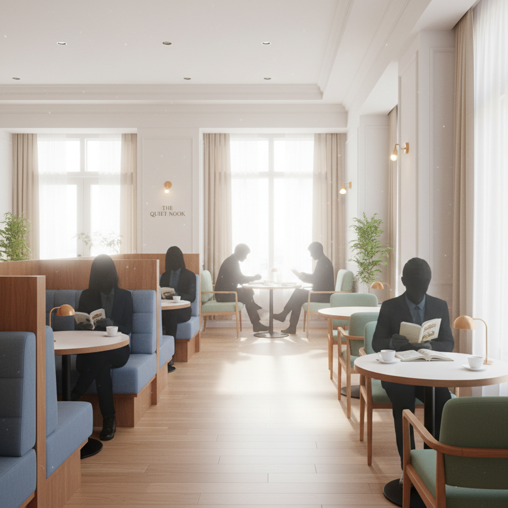 落ち着いた喫茶店の内装、ボックス席と広い席間隔、読書する人々のシルエット