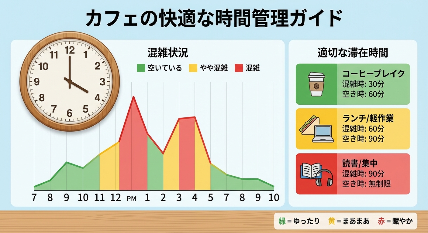 カフェの時計と混雑状況を示すグラフ、適切な滞在時間を示す分かりやすいインフォグラフィック
