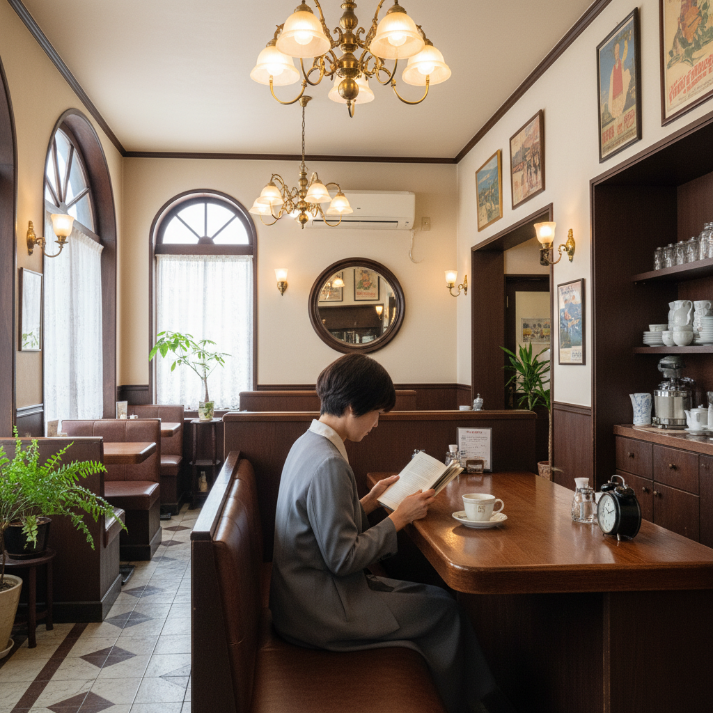 昭和レトロな純喫茶の内装、重厚な木製家具とクラシカルな照明、読書する人の後ろ姿