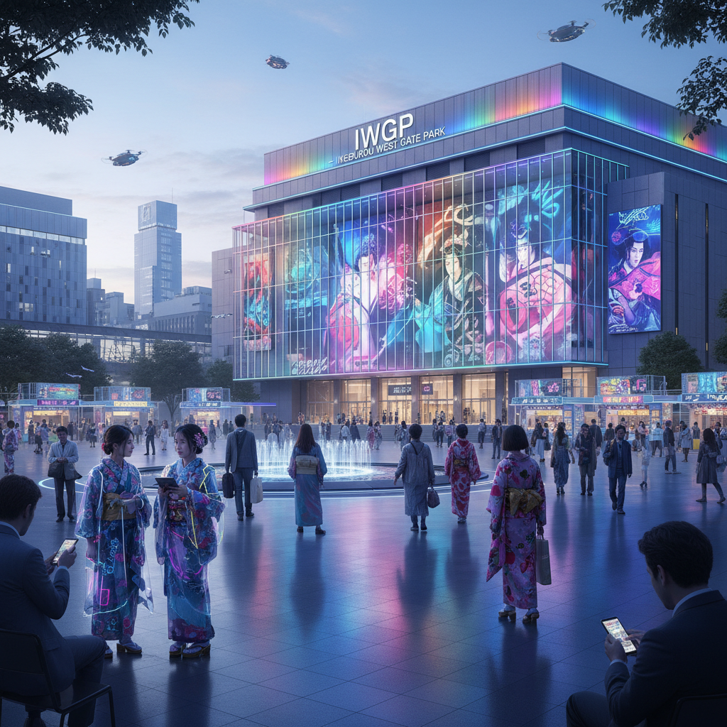 2026年の池袋駅西口公園(IWGP)の夕景、近代的な東京芸術劇場と賑わう人々の様子、サイバーパンクな雰囲気と文化都市の融合、高解像度