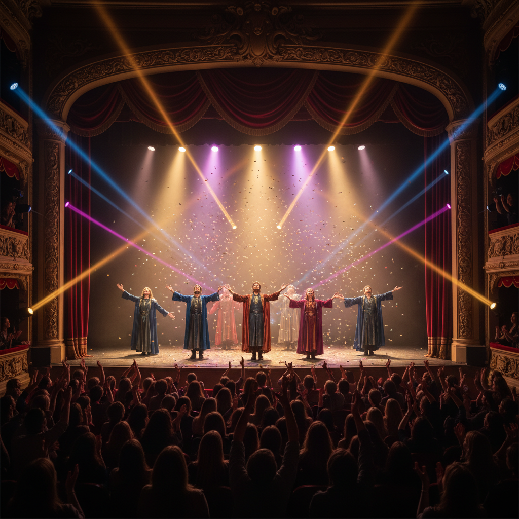 劇場の客席から見た舞台、スポットライトを浴びる役者たち、観客のシルエット、感動的なフィナーレ、ドラマチックな照明